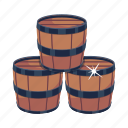 wooden drums, wooden barrels, casks, barrels, drums