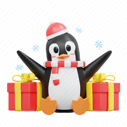Cute, penguin, sit, giftbox, winter, christmas, december 3D illustration - Download on Iconfinder