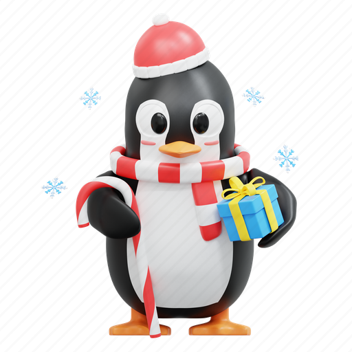 Cute, penguin, bring, candy, stick, winter, christmas 3D illustration - Download on Iconfinder