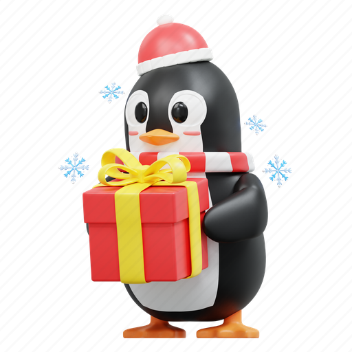 Cute, penguin, bring, giftbox, winter, christmas, december 3D illustration - Download on Iconfinder
