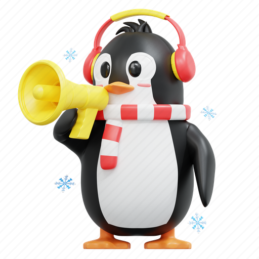 Cute, penguin, bring, megaphone, winter, christmas, december 3D illustration - Download on Iconfinder