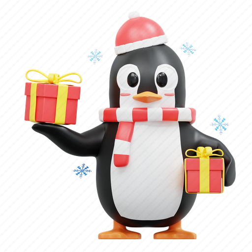 Cute, penguin, bring, giftboxs, winter, christmas, december 3D illustration - Download on Iconfinder