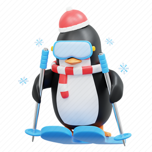 Cute, penguin, play, ski, winter, christmas, december 3D illustration - Download on Iconfinder