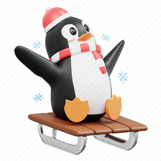 Cute, penguin, riding, sledge, winter, christmas, december 3D illustration - Download on Iconfinder
