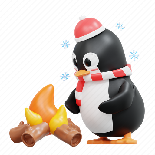 Cute, penguin, with, bonfire, winter, christmas, december 3D illustration - Download on Iconfinder