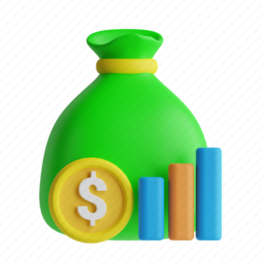 Investing, money bag, money, bar chart 3D illustration - Download on Iconfinder