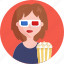 cinema, woman, 3d, glasses, popcorns, movie 