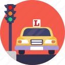 driving, school, traffic lights, road, car, learner, symbol