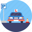 park sign, learner sign, car, safety cone