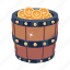 wooden barrel, coins barrel, coins drum, cask coins, gold coins 