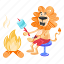 roasting marshmallow, burning marshmallow, lion camping, happy lion, lion character