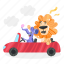 car riding, rat driving, lion car, lion mouse, animal characters