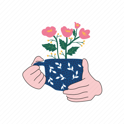 Hands, mug, cup, floral, flower illustration - Download on Iconfinder