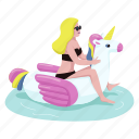air mattress, inflatable, woman, unicorn, pool party 