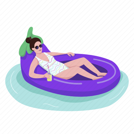 Air mattress, inflatable, eggplant, woman, cocktail drink illustration - Download on Iconfinder