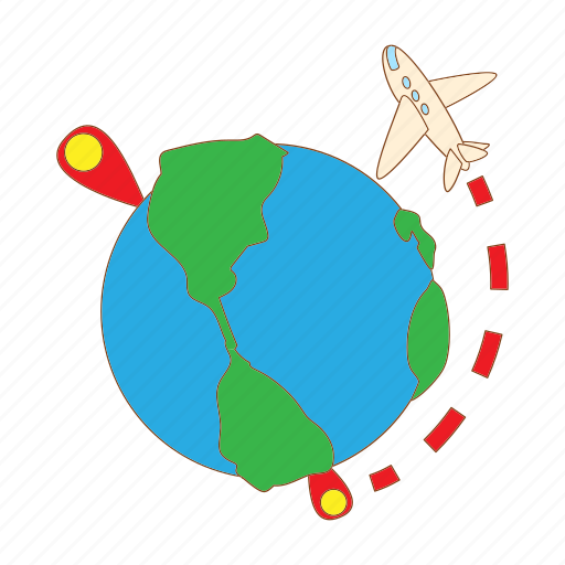 Cartoon, destination, globe, pin, plane, transportation, travel icon - Download on Iconfinder