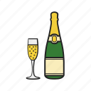 bottle, champagne, glass, alcohol, drink, magnifying