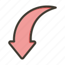 curved down, arrow, way, sign, direction