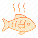 fish, cook, food, fry, hot, seafood, badge, dinner, grilled
