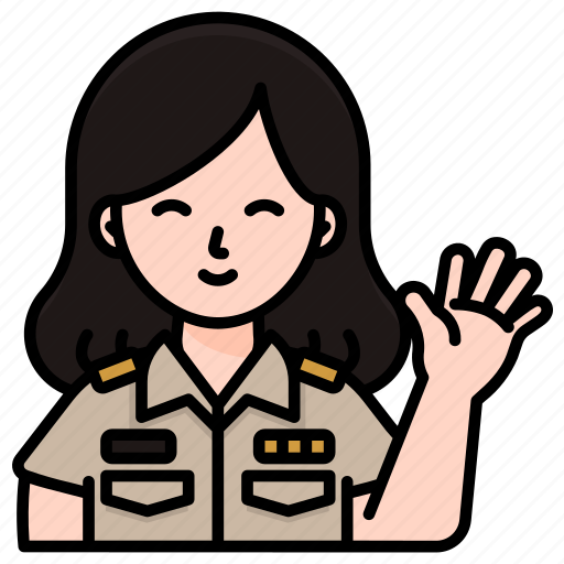 Woman, hello, hand, gesture, officer, teacher, uniform icon - Download on Iconfinder