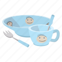 bowl, cartoon, child, cup, dishes, fork, spoon