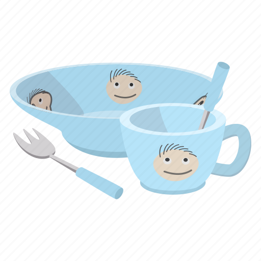 Bowl, cartoon, child, cup, dishes, fork, spoon icon - Download on Iconfinder