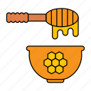honey bowl, flowing honey, honey stick, honey dipper, honey wand, honey spoon