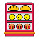 bakery, display, glass, shelves, case, buns, pastries