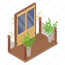 balcony, window, flower pot, wooden, brick wall, wooden paneling, grill