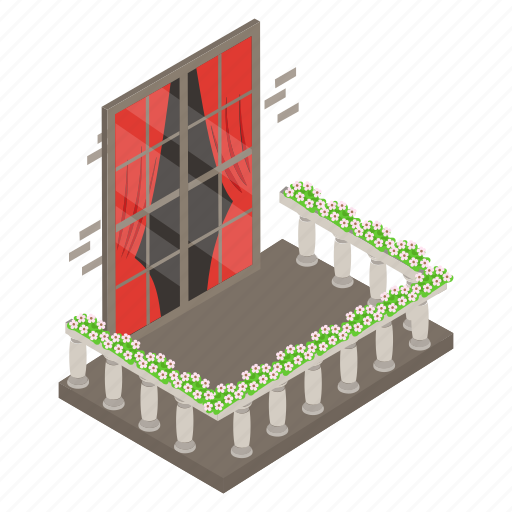 Brick wall, balcony, flowers, curtains, window, baluster, single hung window icon - Download on Iconfinder