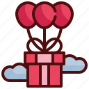 gift, box, flying, balloon, cloud, happy