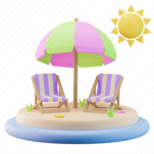 Island, beach chair, beach, relax, holiday, umbrella, summer 3D illustration - Download on Iconfinder