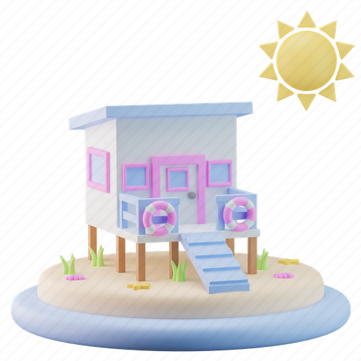 Island, lifegaurd, shack, beach, sun, summer, ocean 3D illustration - Download on Iconfinder
