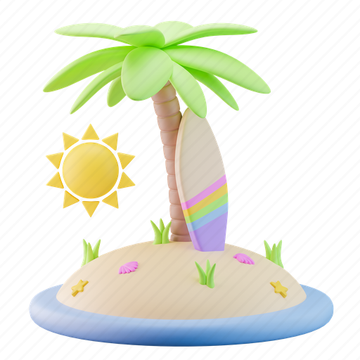 Island, surfboard, palm tree, beach, sun, summer, surfing 3D illustration - Download on Iconfinder
