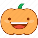 emoticon, emotion, grin, happy, pumpkin, smile, sticker 