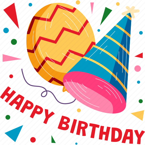 Cone, hat, and, balloon, celebration, happy birthday sticker - Download on Iconfinder