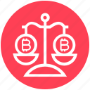 balance scale, bitcoin, coins, cryptocurrency, justice, law, scales