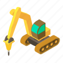 breaker, bulldozer, excavator, hammer, isometric, object, yellow
