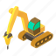 breaker, bulldozer, excavator, hammer, isometric, object, yellow 