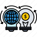 bulb, coin, globe, idea, money, payment, worldwide