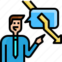 arrow, avatar, businessman, down, message, negative, talking 