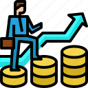 arrow, businessman, coins, finance, growth, stair, success 