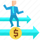 arrows, businessman, coin, direction, financial, growth, move 