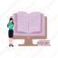 female, online, reading, book, phone 