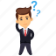 businessman scratching head, confused businessman, hard decision making, thinking business character, thinking businessman 