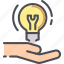 bulb, hand, idea, innovation, lamp, light, solution 