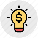 bulb, creative, dollar, idea, light, light bulb, money