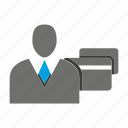 avatar, business man, credit card, office, payment, person, profile