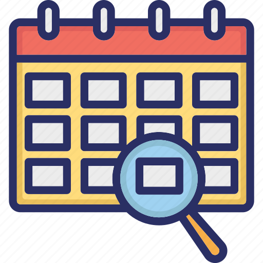 Calendar, magnifier, uncertain, unplanned, unpredictable events icon - Download on Iconfinder