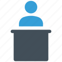classroom table, lecture, school table, study table, table, teacher with table icon